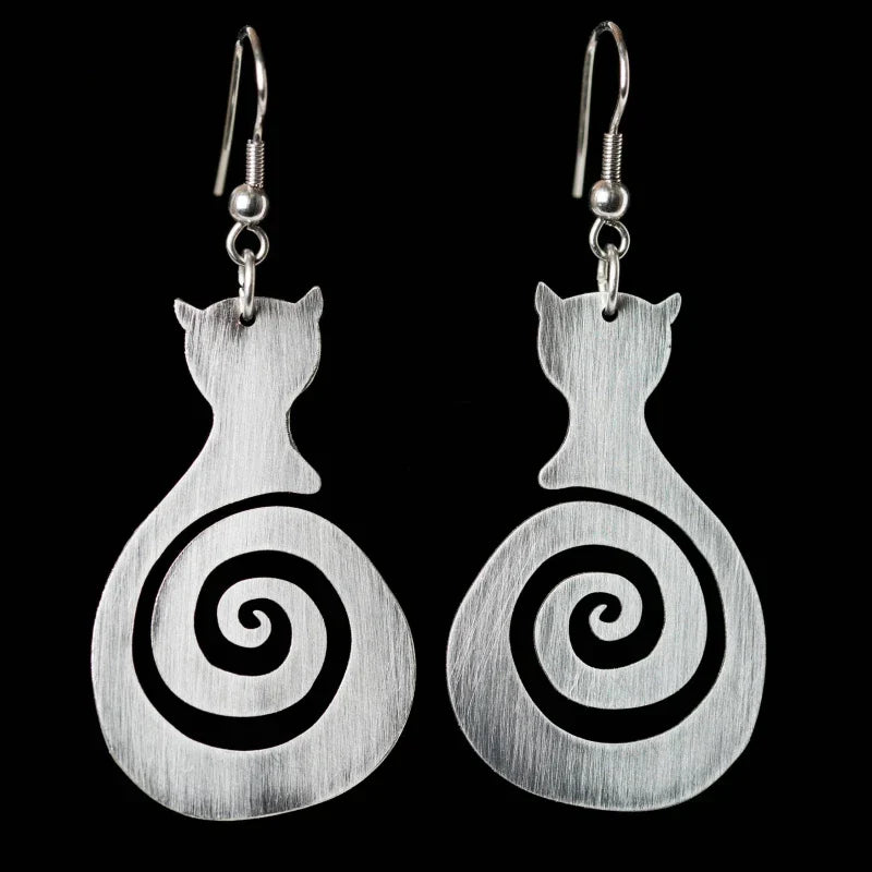Boucles d'oreilles spirales vintage avec chat