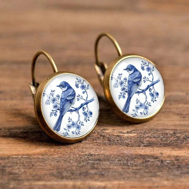 Boucles d'oreilles en verre sous cloche Vintage Blue Magpie