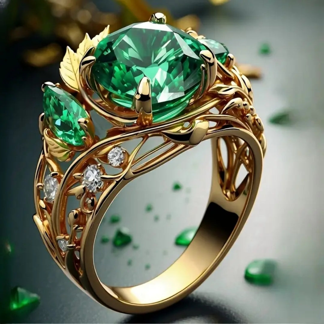 Bague en or avec cristal vert exotique lumineux