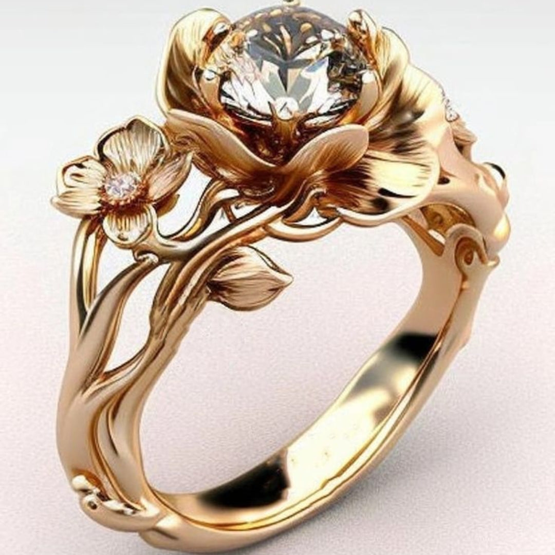Bague Fleur en Or avec Cristaux Blancs Exotiques