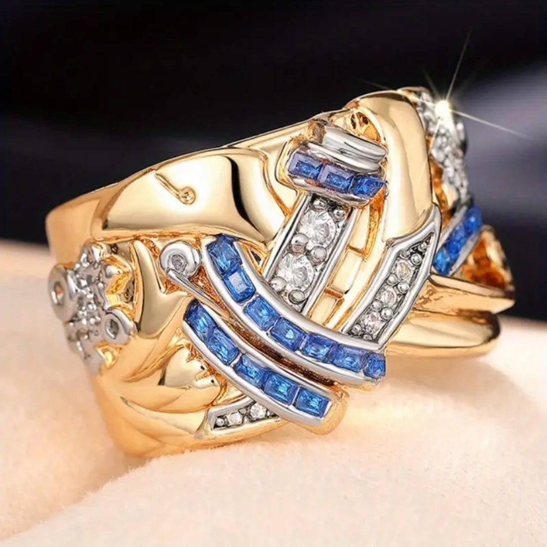 Bague en Cristal Irregulier Bleu & Blanc avec Dorure