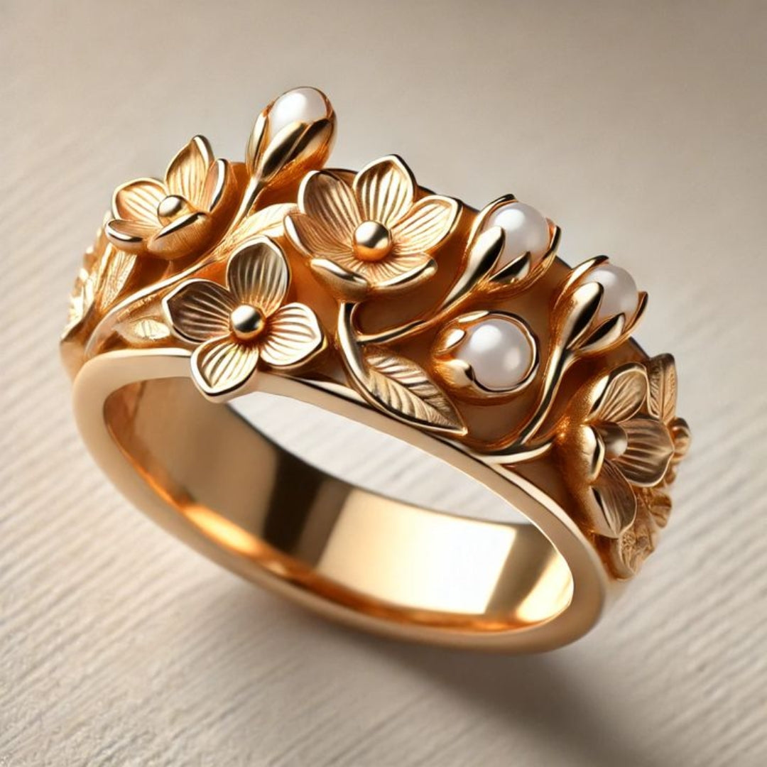 Bague en Or avec Fleurs Exotiques et Perles