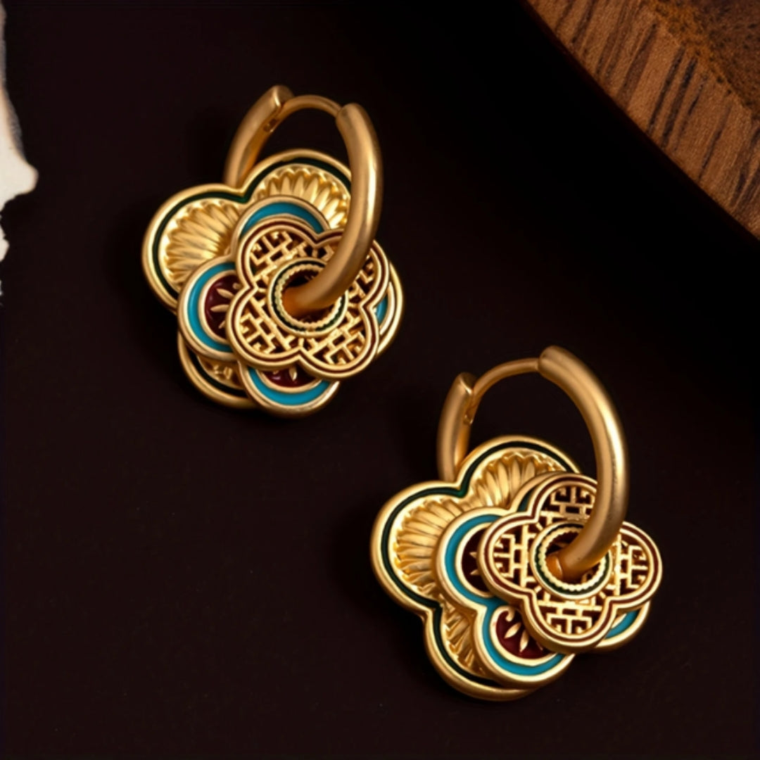 Boucles d'oreilles créoles en émail bleu avec mandala