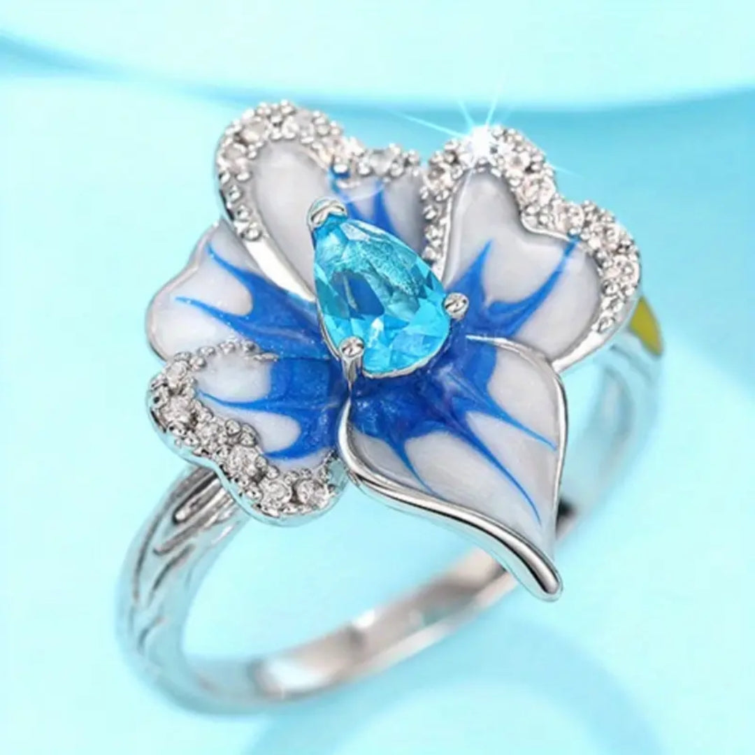 Bague en cristal de lotus bleu et blanc