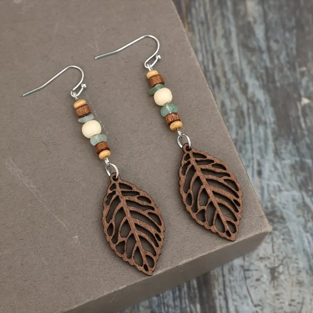 Boucles d'oreilles en fougère creuse pendantes marron