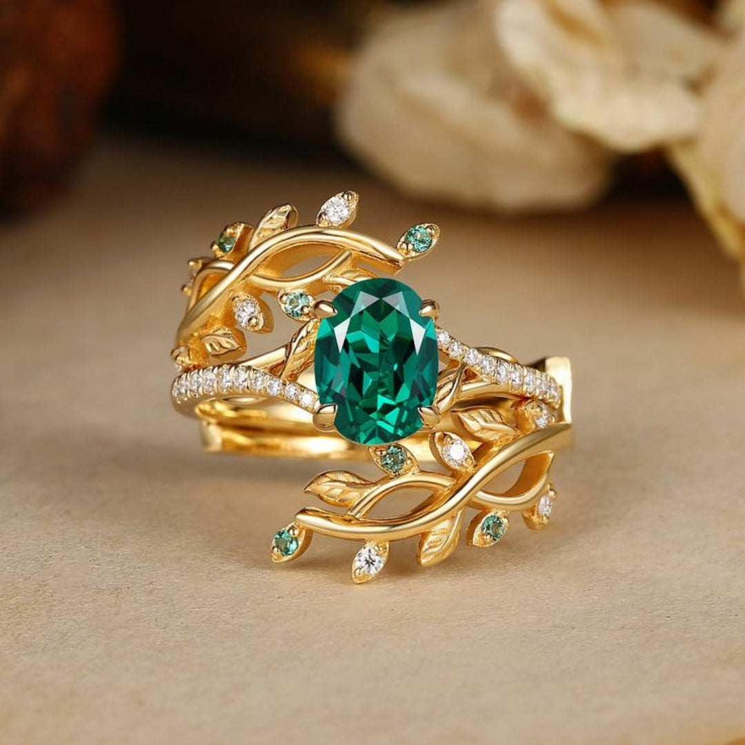 Bague en Or avec Feuille en Cristal Vert