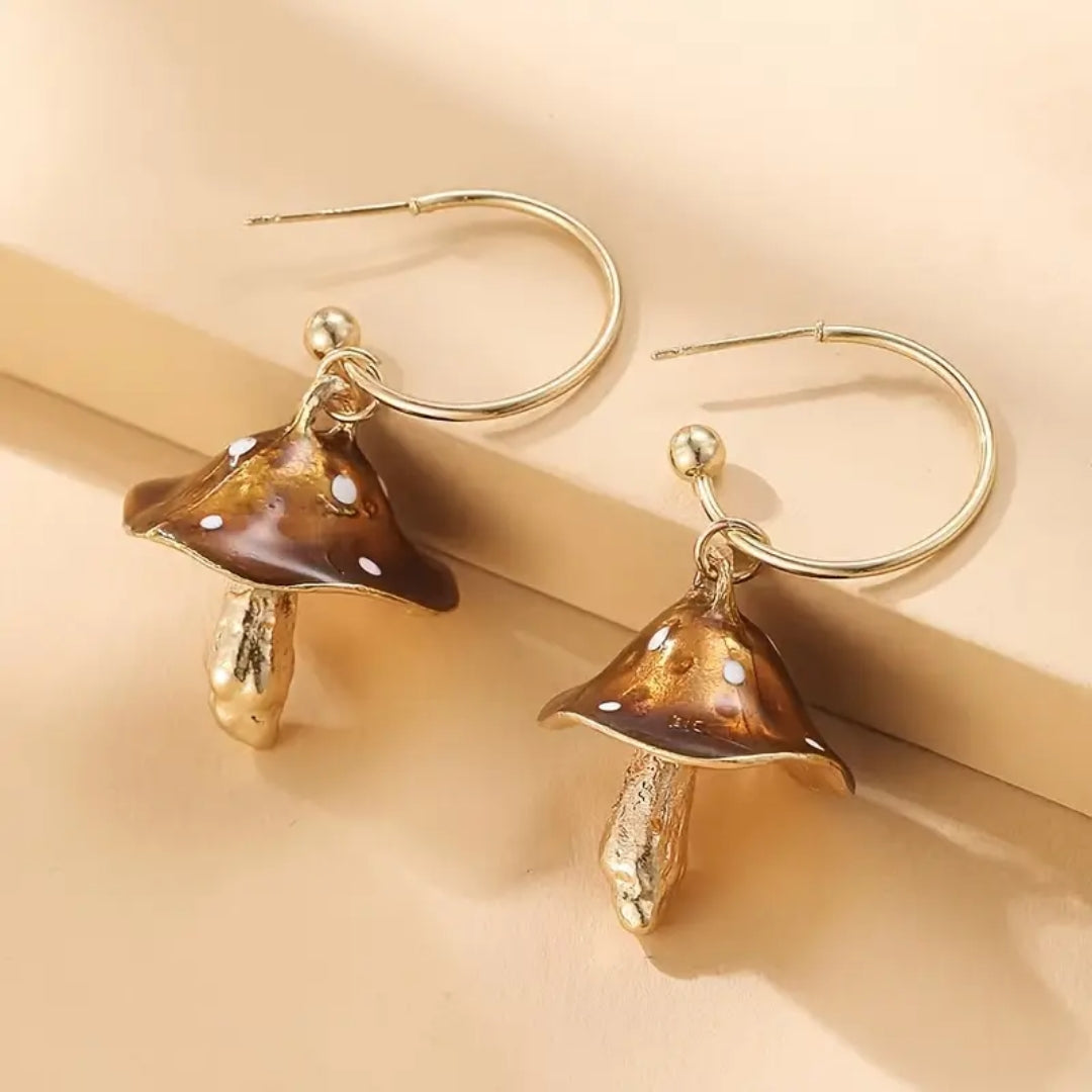 Boucles d'oreilles Champignon Marron & Or