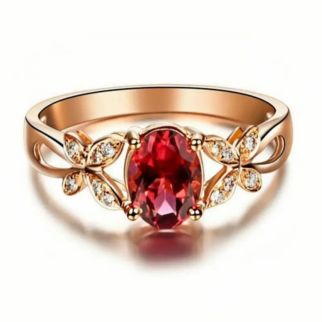 Bague en Or avec Papillon en Zirconia Rouge Ovale