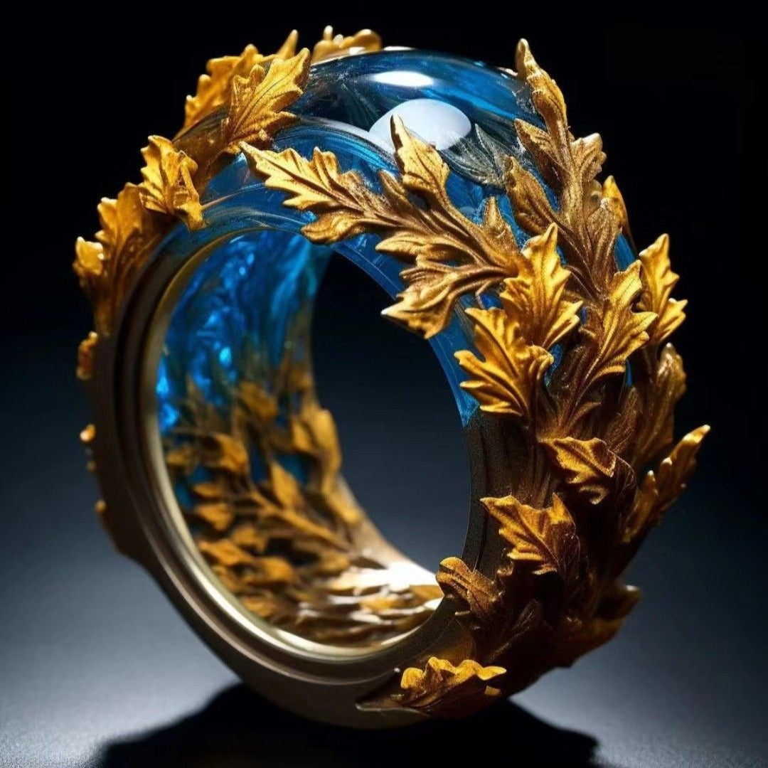 Bague en Feuille Dorée Bleue Exotique