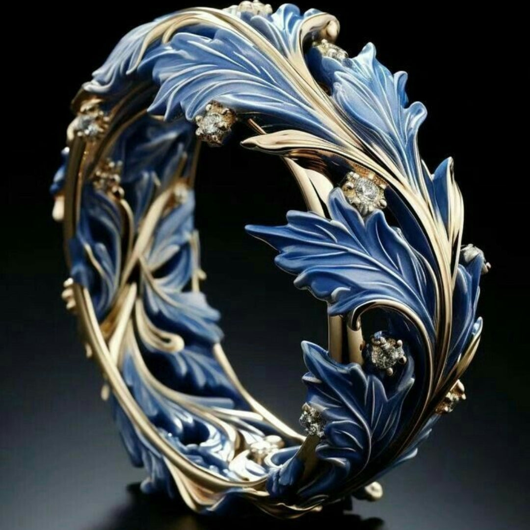 Bague en Cristal Bleu et Blanc en Forme de Feuille