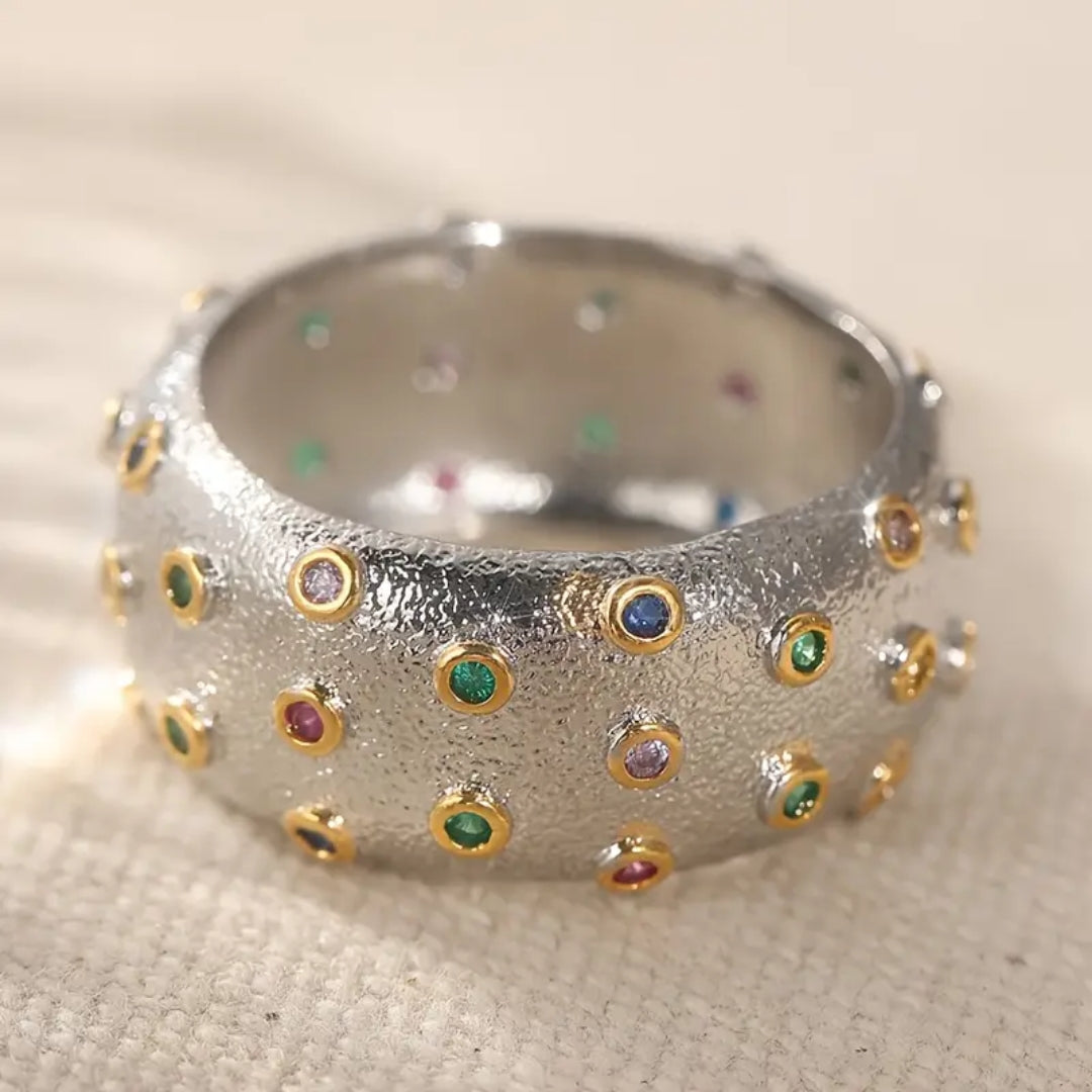 Bague en Zirconium Multicolore Incrustée Argentée