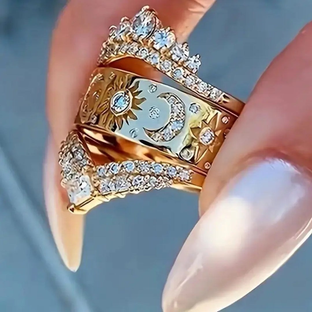 Bague Soleil et Lune Dorée Éclatante