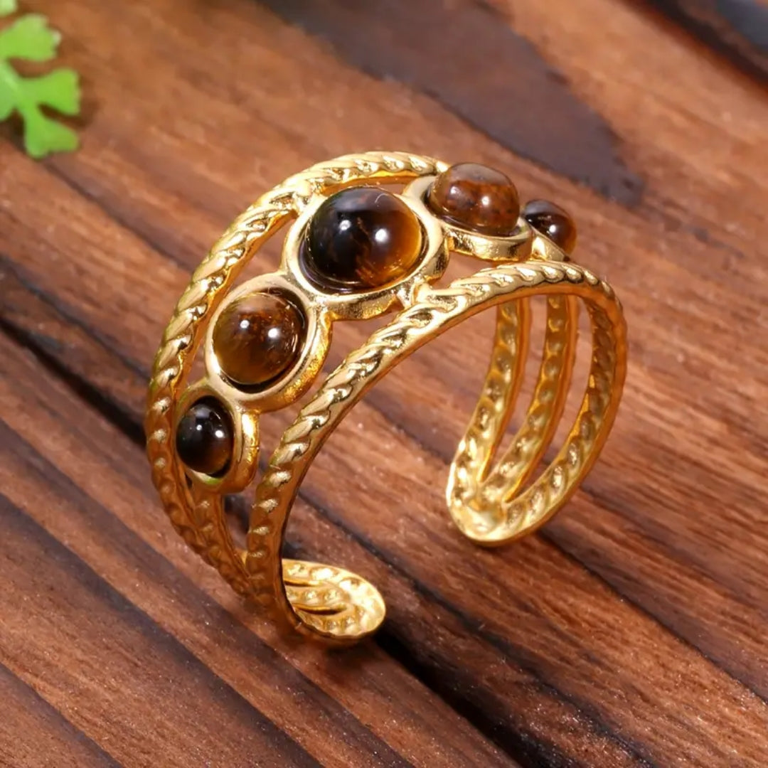 Bague en or avec pierre œil de tigre ajustable