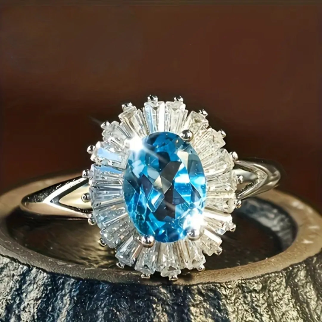 Bague en Argent Cristallin Ronde Bleue