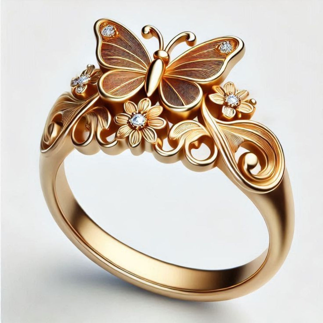 Bague Florale Exotique en Or avec Papillon