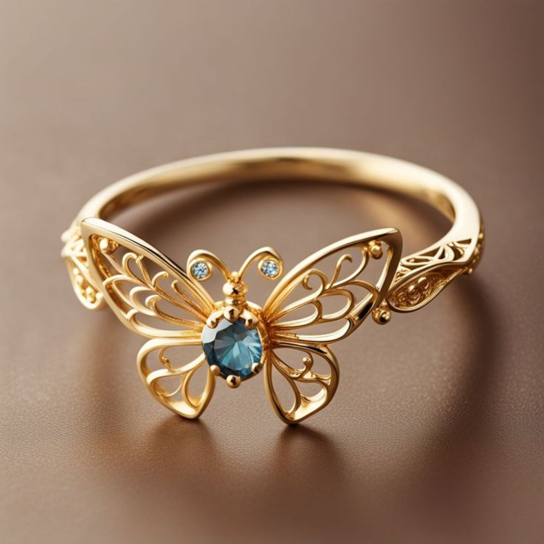 Bague en Cristal Papillon Incrusté d'Or Bleu Exotique