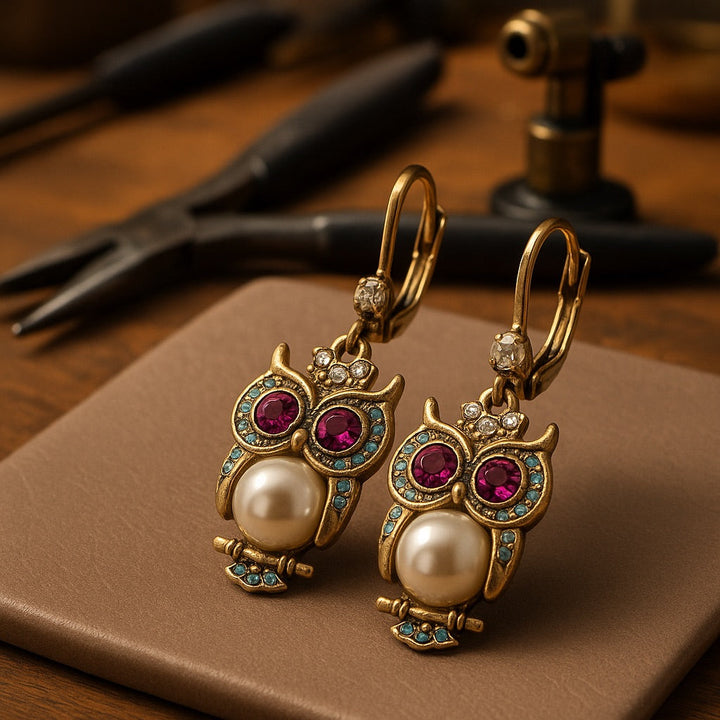 Boucles d'oreilles vintage en cristal de hibou – Plaqué or, cristaux sertis à la main et détail en perle