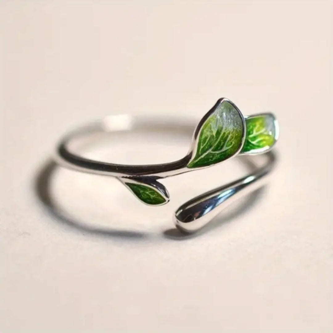 Bague en Émail Vert Ajustable en Forme de Feuille
