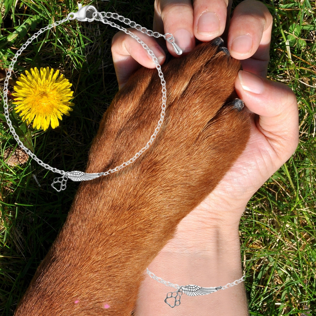 Bracelet commémoratif en argent avec aile d'ange et empreinte de patte | Fait à la main