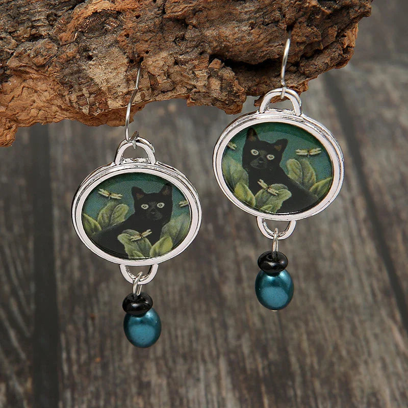 Boucles d'oreilles en argent vintage avec chat