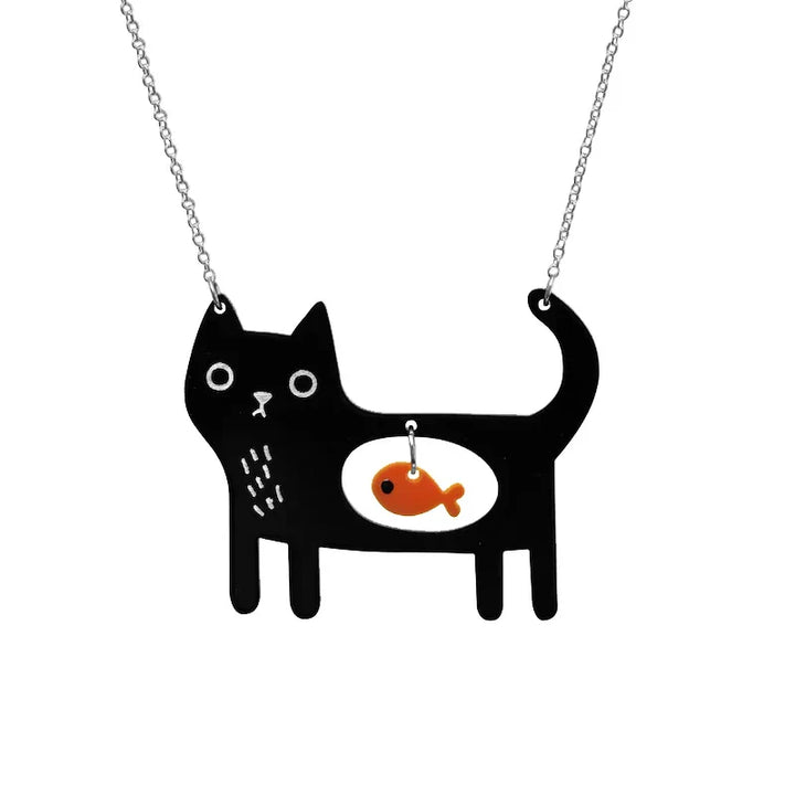 Collier Pendentif Acrylique Chat et Poisson Fantaisie