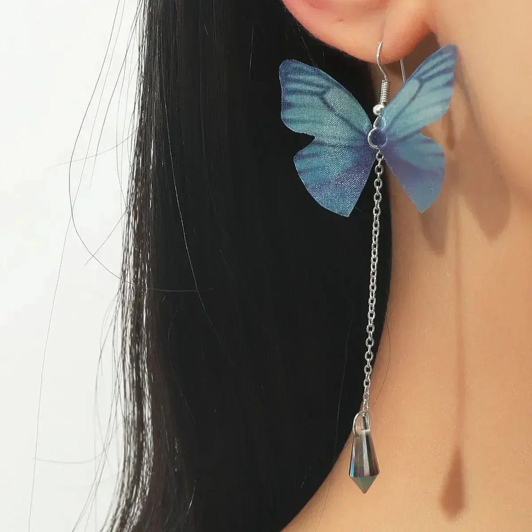 Boucles d'oreilles en cristal de papillon bleu avec pampilles