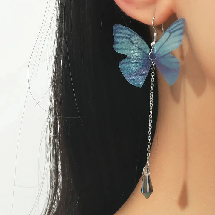 Boucles d'oreilles en cristal de papillon bleu avec pampilles