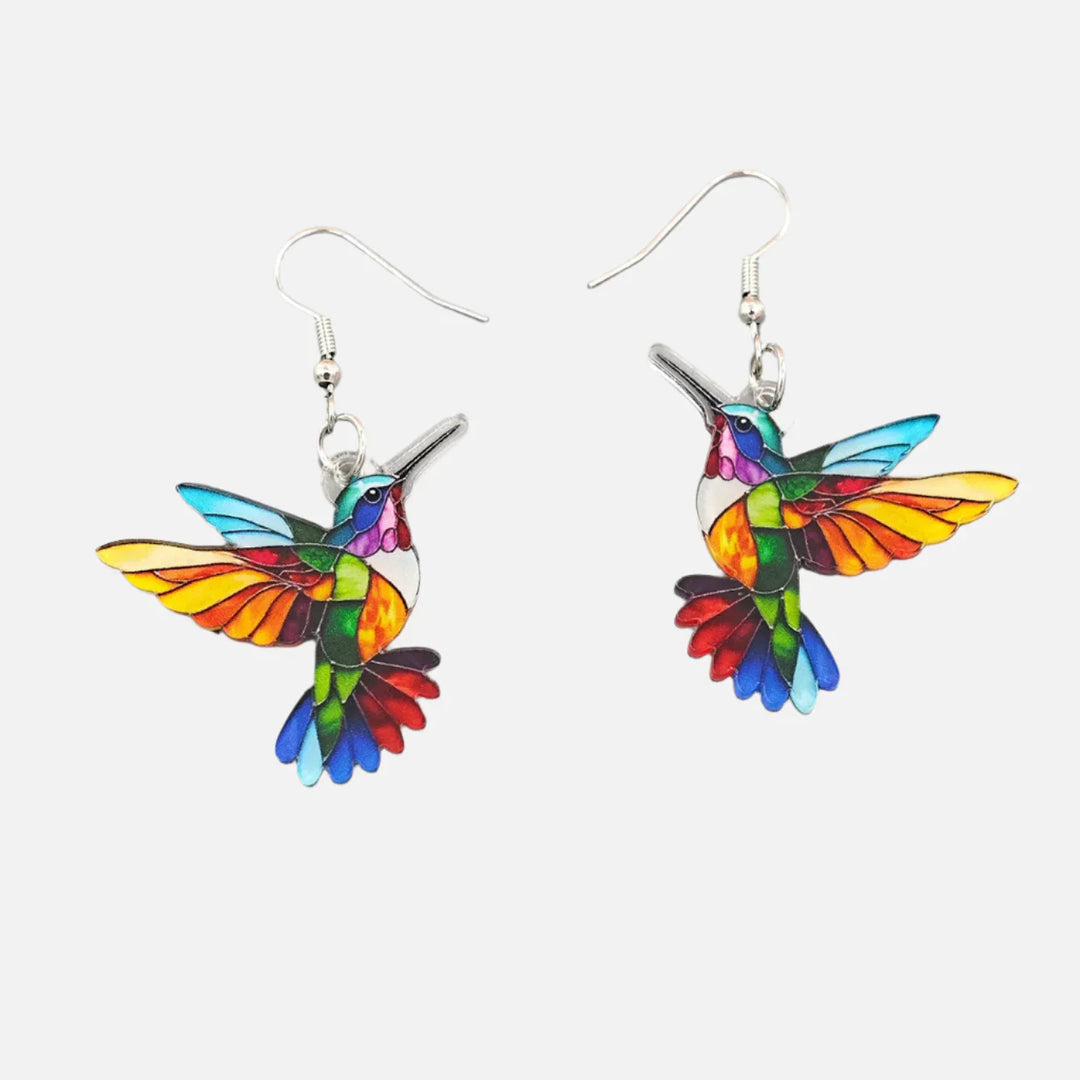 Boucles d'oreilles pendantes en acrylique avec colibri – Design d'oiseau 2D lumineux
