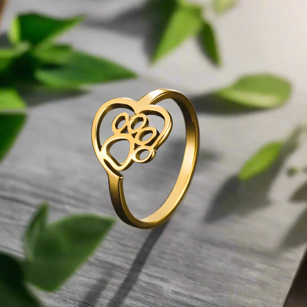 Bague en acier inoxydable dorée en forme de patte et de cœur – Bijoux pour les amoureux des animaux