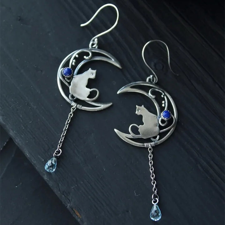Boucles d'oreilles Chat au Clair de Lune – Design Vintage en Croissant avec Pierre Précieuse Lapis Lazuli