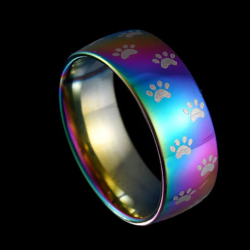 Bague en Acier Inoxydable avec Empreinte de Patte Arc-en-Ciel Fait Main