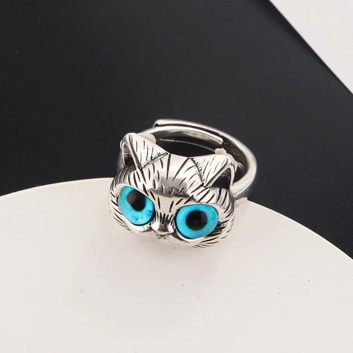 Bague Chat aux Yeux Bleus – Bague Animale Vintage en Argent Ludique pour Amateurs de Chats