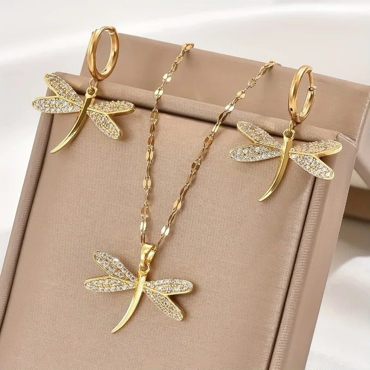 Collier en bijou Libellule en Or avec Boucles d'Oreilles Bonus