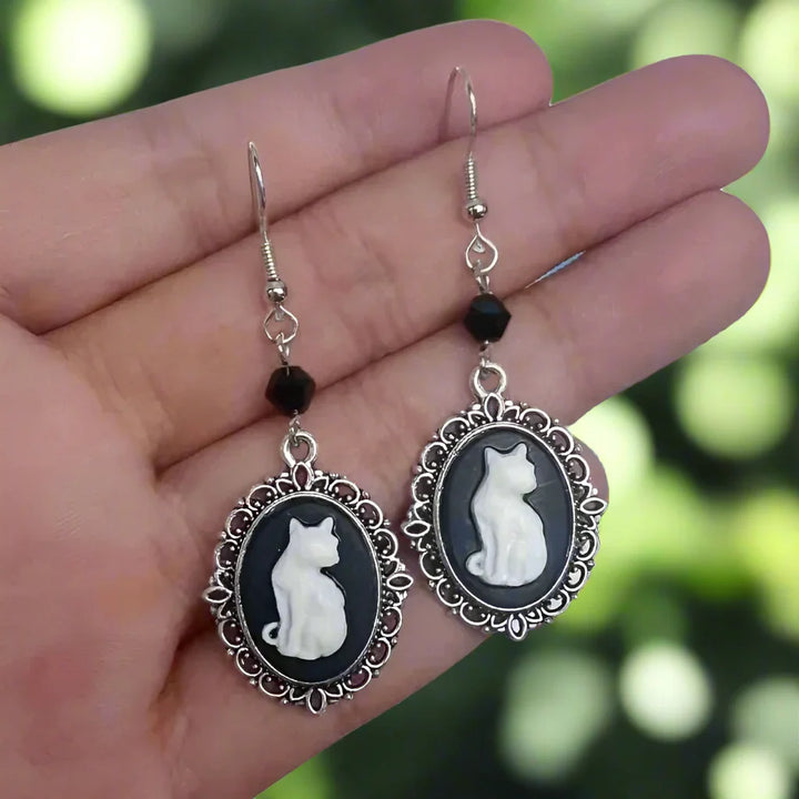 Boucles d'oreilles Vintage Chat Blanc – Bijoux en Cadre Argent pour Femmes