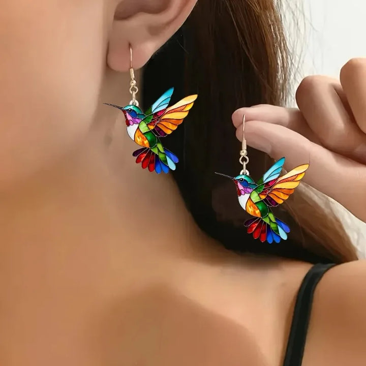 Boucles d'oreilles pendantes en acrylique avec colibri – Design d'oiseau 2D lumineux