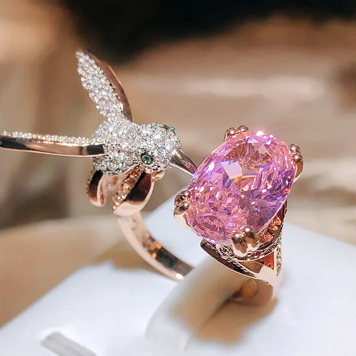 Bague en Pierre Précieuse Colibri Ajustable – Zircon, Plaqué Or 14K