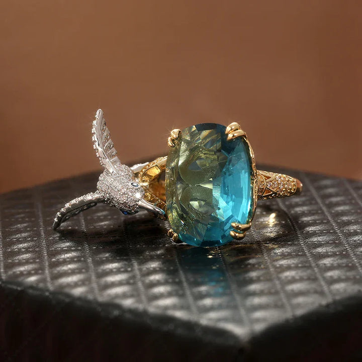 Bague Colibri Couleur Aigue-Marine Réglable – Plaqué Or 14K