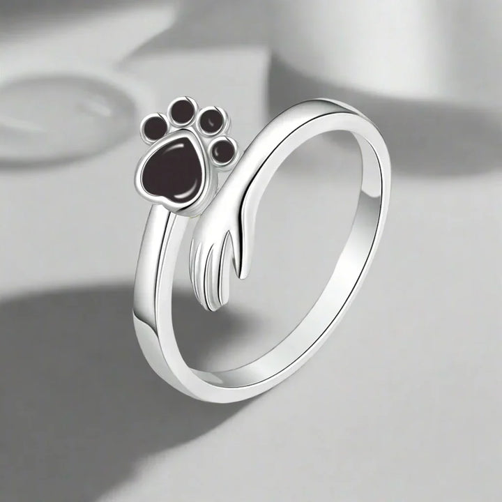 Bague Ajustable en Argent Sterling 925 – Design d'Empreinte de Main et de Patte