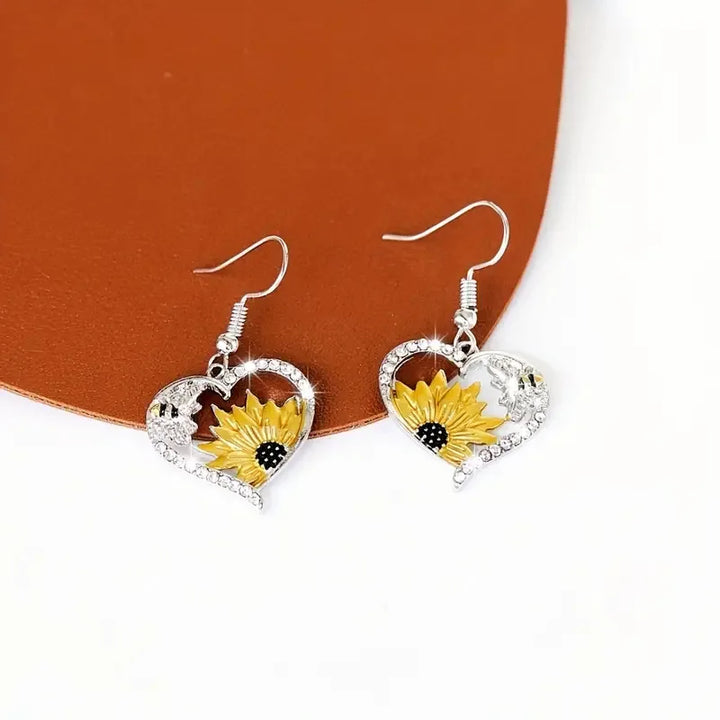 Boucles d'oreilles pendantes vintage bohème en forme de cœur avec tournesol et abeille