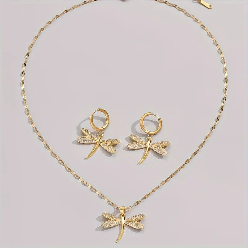 Collier de Bijoux Libellule Dorée avec Boucles d'Oreilles Bonus