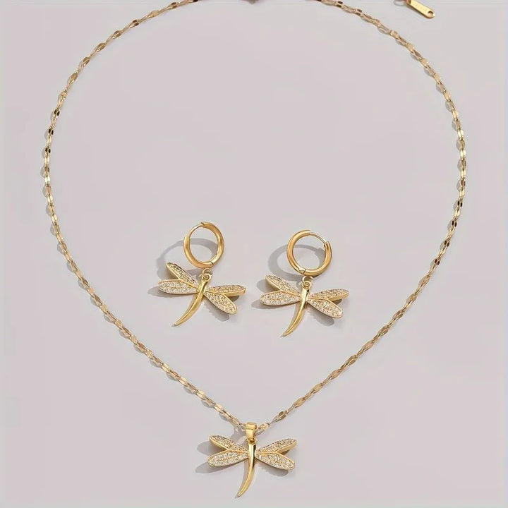 Collier en Bijoux de Libellule Dorée avec Boucles d'Oreilles Bonus