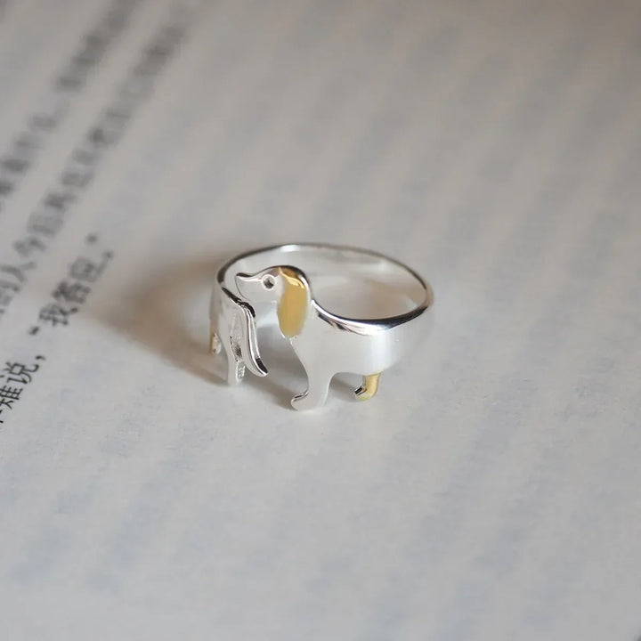 Bague en Argent Sterling 925 en Forme de Teckel – Ajustement Réglable