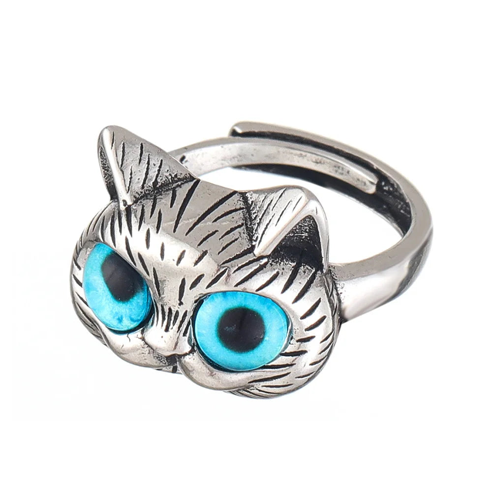 Bague Chat aux Yeux Bleus – Bague Animalière Vintage en Argent Joueur pour les Amoureux des Chats