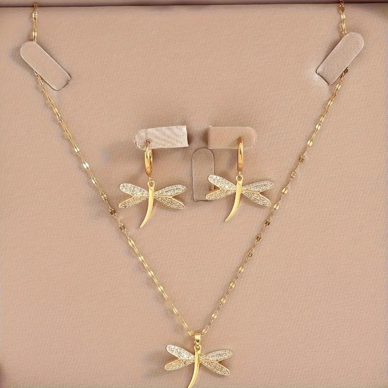 Collier en bijou Libellule en Or avec Boucles d'Oreilles Bonus