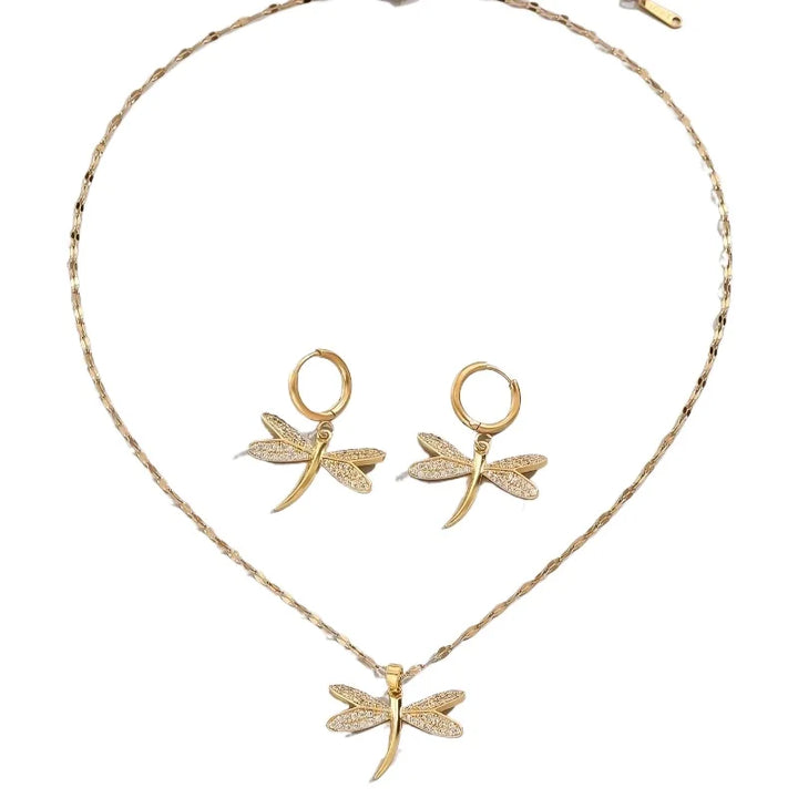 Collier de Bijoux Libellule Dorée avec Boucles d'Oreilles Bonus