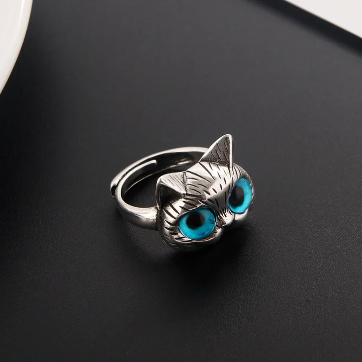 Bague Chat aux Yeux Bleus – Bague Animalière Vintage en Argent Joueur pour les Amoureux des Chats