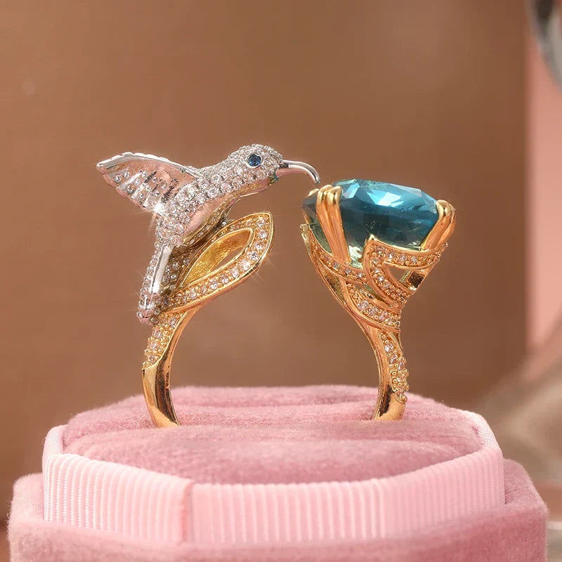 Bague Colibri Couleur Aigue-Marine Réglable – Plaqué Or 14K
