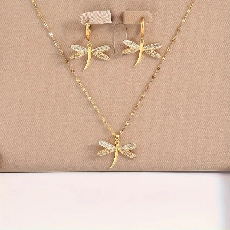 Collier en Bijoux de Libellule Dorée avec Boucles d'Oreilles Bonus