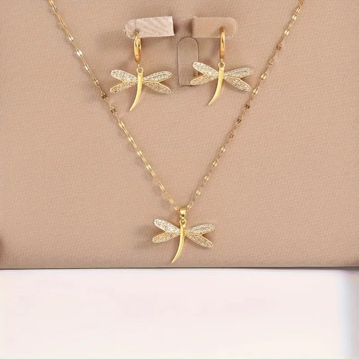 Collier en Bijoux de Libellule Dorée avec Boucles d'Oreilles Bonus