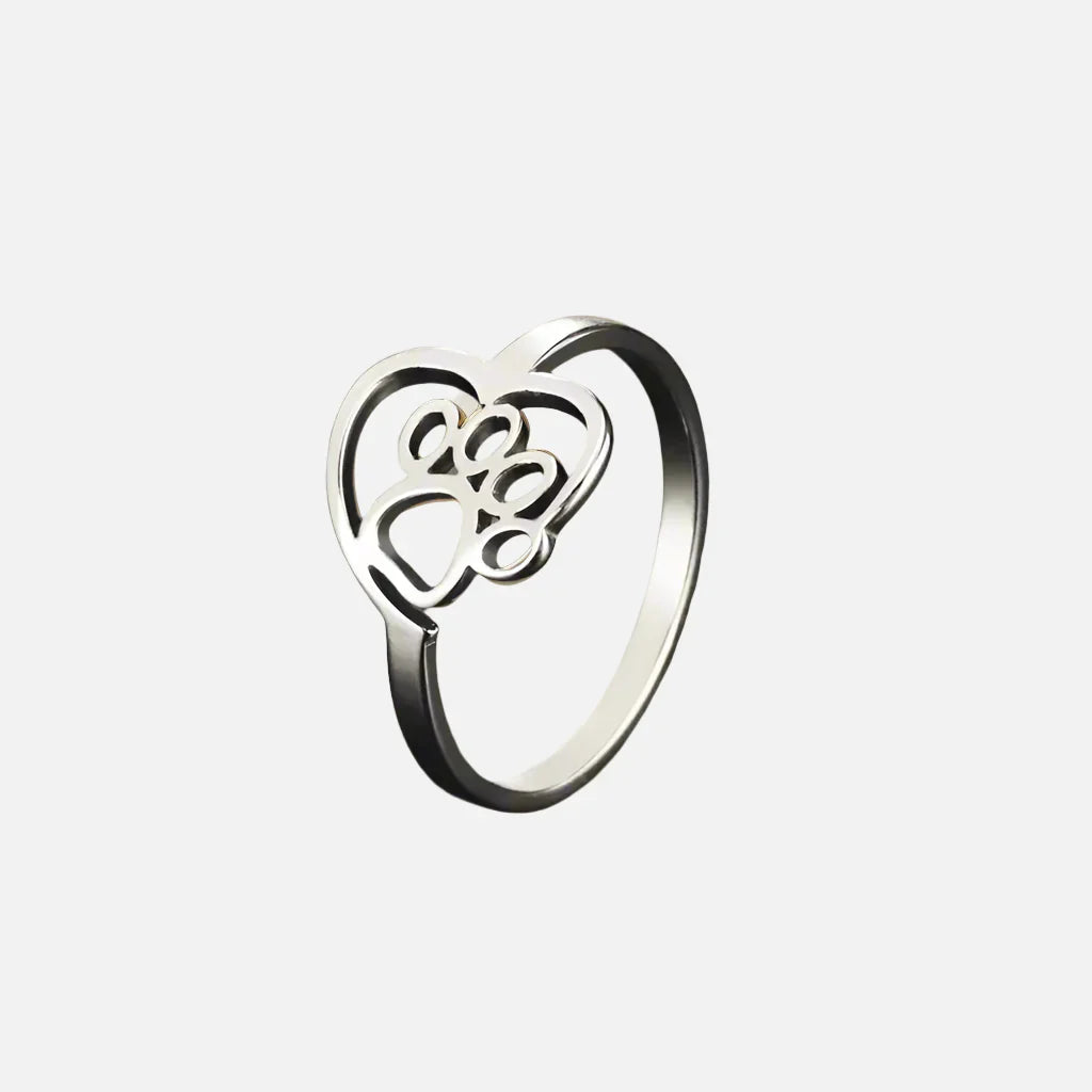 Bague en Acier Inoxydable avec Pattes et Cœur Doré – Bijoux pour Amoureux des Animaux